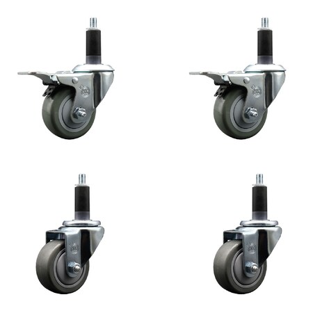 Service Caster 3'' Gray Poly Swivel 1-1/8'' Expanding Stem Caster Set 2 Total Lock Brakes, 4PK SCC-EXTTL20S314-PPUB-2-S-2-118